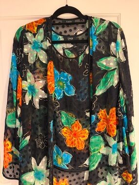 lola Black Sheer Floral Overlay with Bright Blue, Orange, and Green Flowers